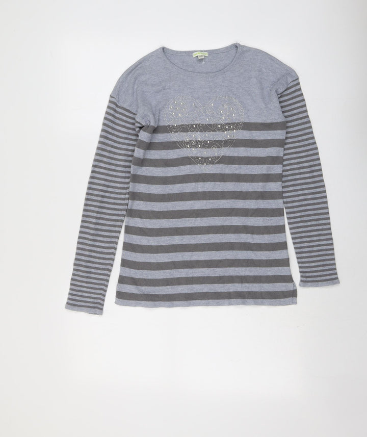 Vertbaudet Girls Grey Boat Neck Striped Acrylic Pullover Jumper Size 12 Years Pullover