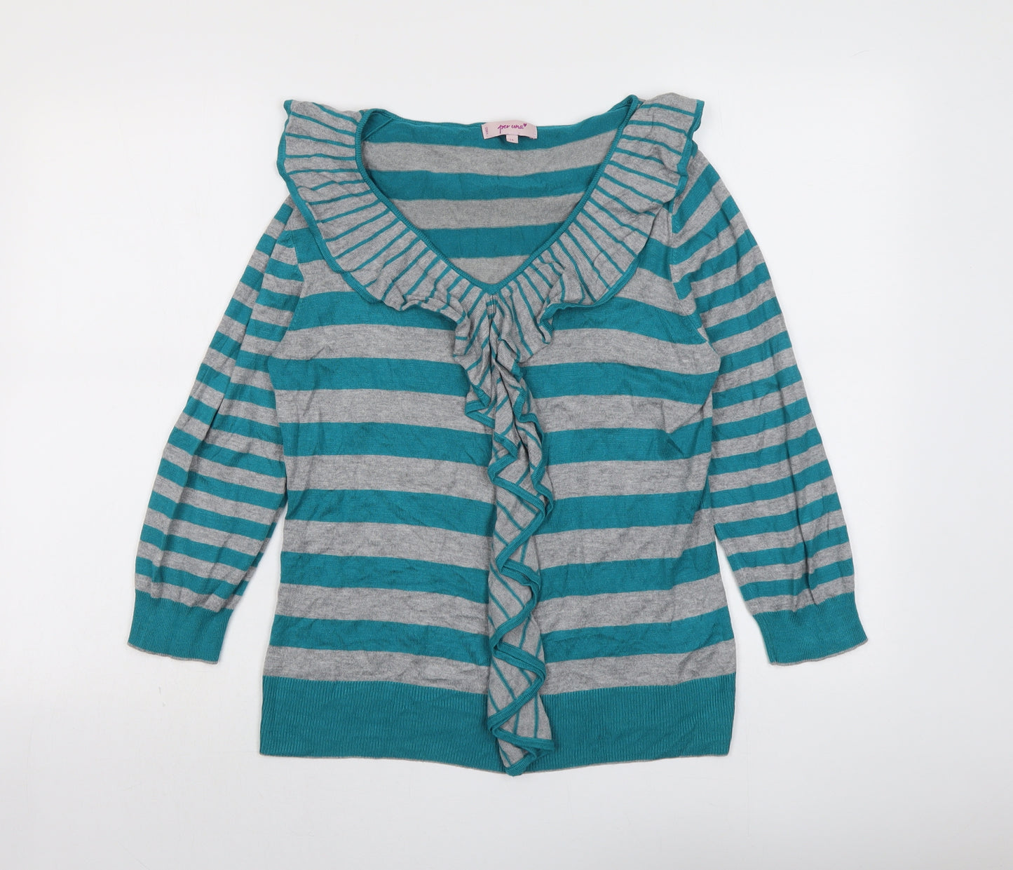 Per Una Womens Blue V-Neck Striped Viscose Pullover Jumper Size 14