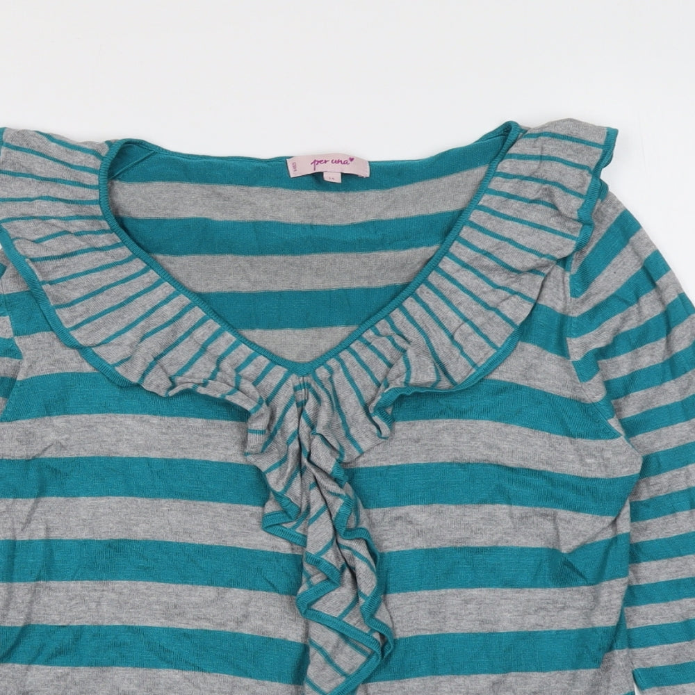 Per Una Womens Blue V-Neck Striped Viscose Pullover Jumper Size 14