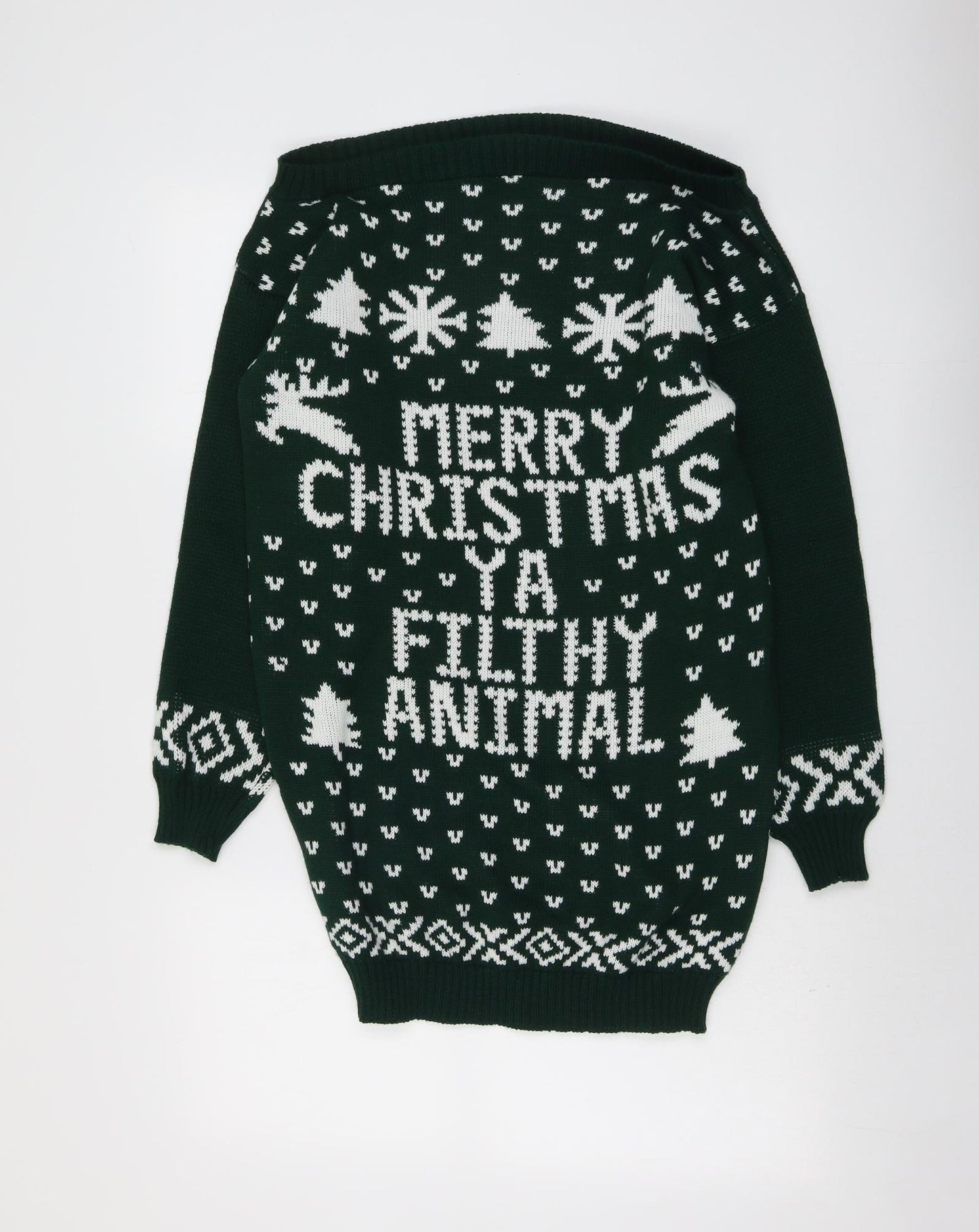 Boohoo Womens Green Boat Neck Fair Isle Acrylic Pullover Jumper Size S - Merry Christmas Ya Filthy Animal