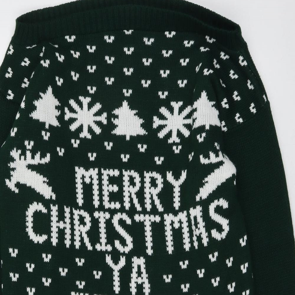 Boohoo Womens Green Boat Neck Fair Isle Acrylic Pullover Jumper Size S - Merry Christmas Ya Filthy Animal