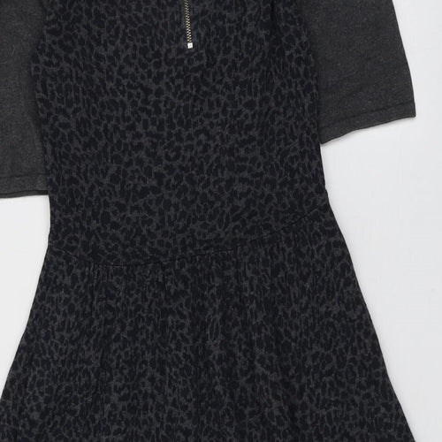 Oasis Womens Grey Animal Print Cotton Trapeze & Swing Size XS Round Neck Zip - Leopard Pattern