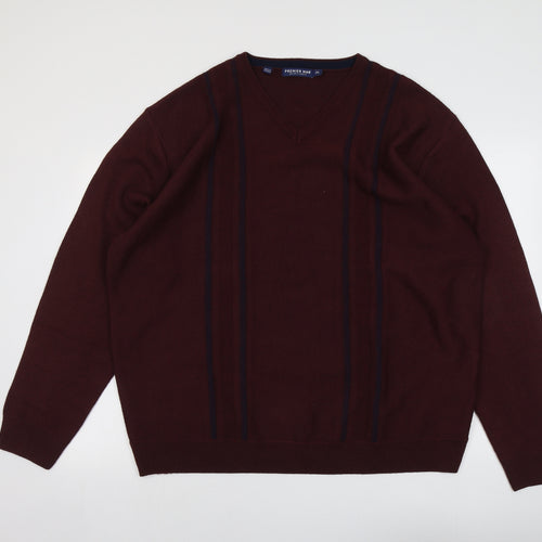 Premier Man Mens Red V-Neck Striped Acrylic Pullover Jumper Size 2XL Long Sleeve