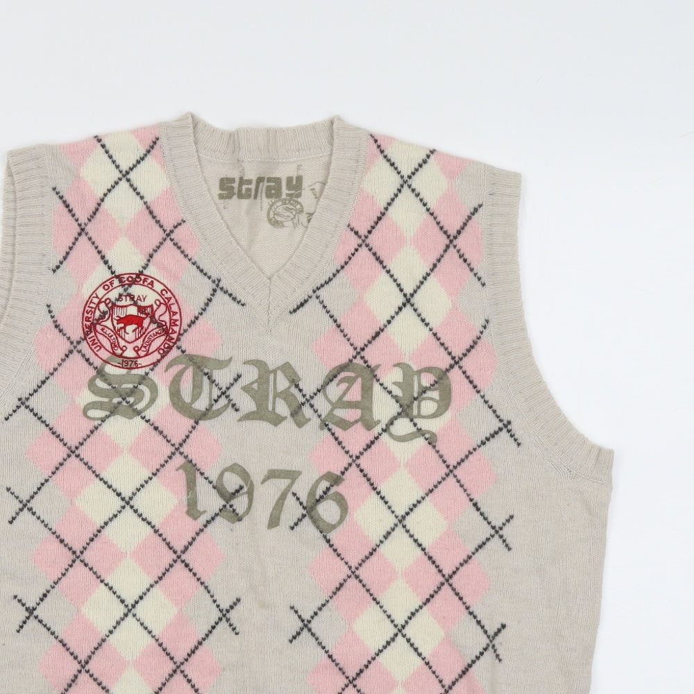 Stray Mens Beige V-Neck Argyle/Diamond Wool Pullover Jumper Size XL Sleeveless