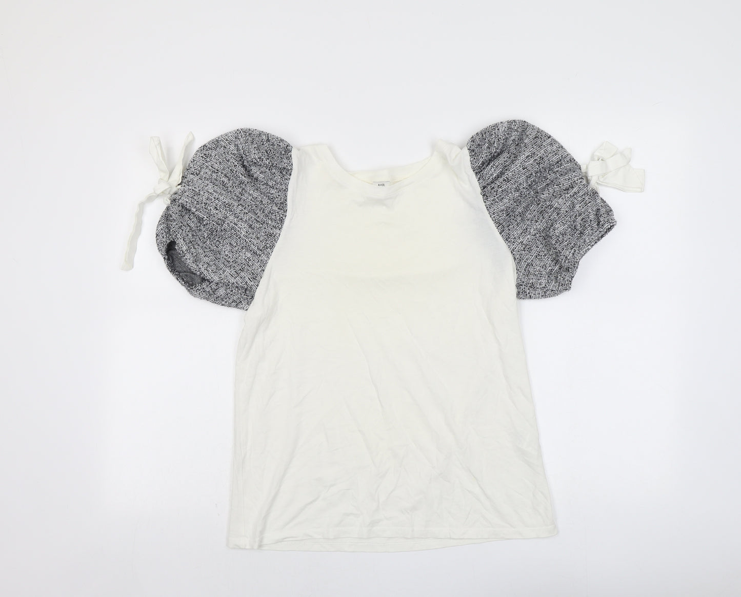 River Island Womens Ivory Cotton Basic Blouse Size 12 Roll Neck - Tie Shoulder Detail