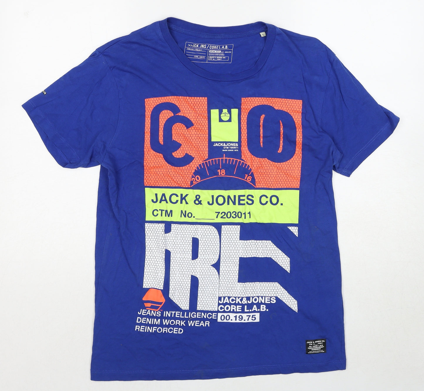 JACK & JONES Mens Blue Cotton T-Shirt Size L Round Neck