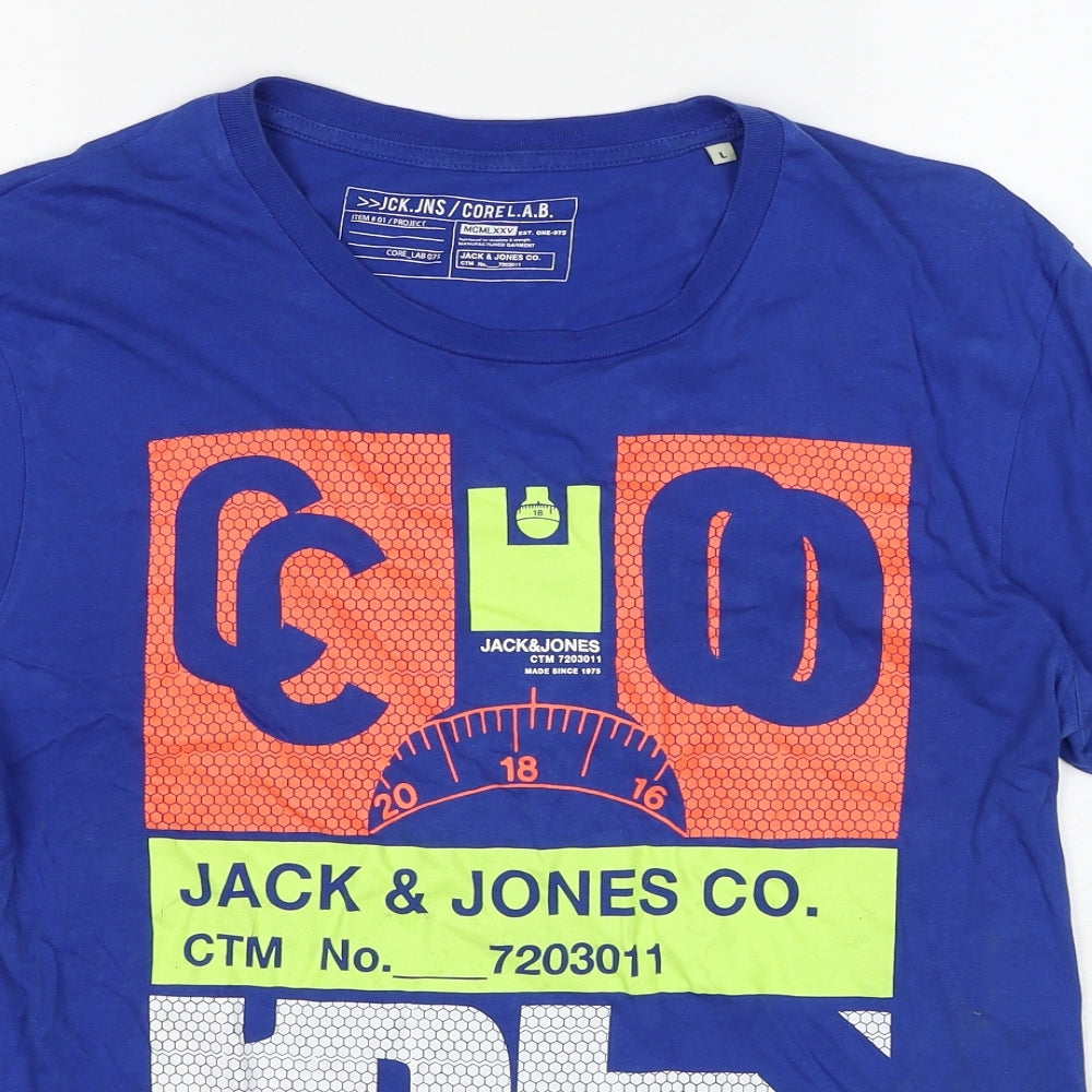 JACK & JONES Mens Blue Cotton T-Shirt Size L Round Neck