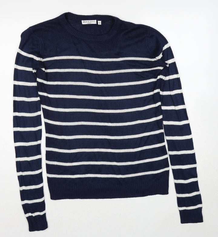 Brave Soul Womens Blue Round Neck Striped Acrylic Pullover Jumper Size 10