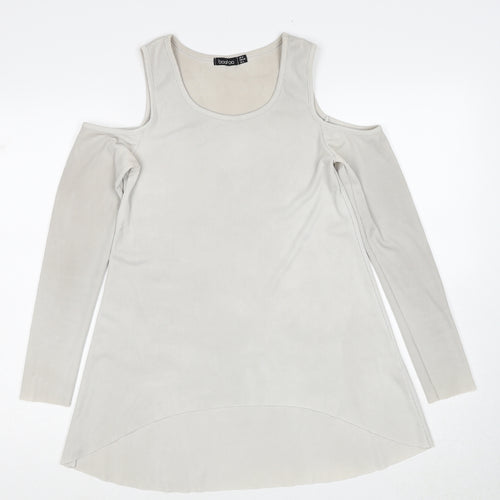 Boohoo Womens Grey Polyester Basic Blouse Size 8 Round Neck - Cold Shoulder