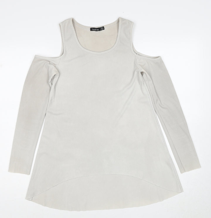 Boohoo Womens Grey Polyester Basic Blouse Size 8 Round Neck - Cold Shoulder