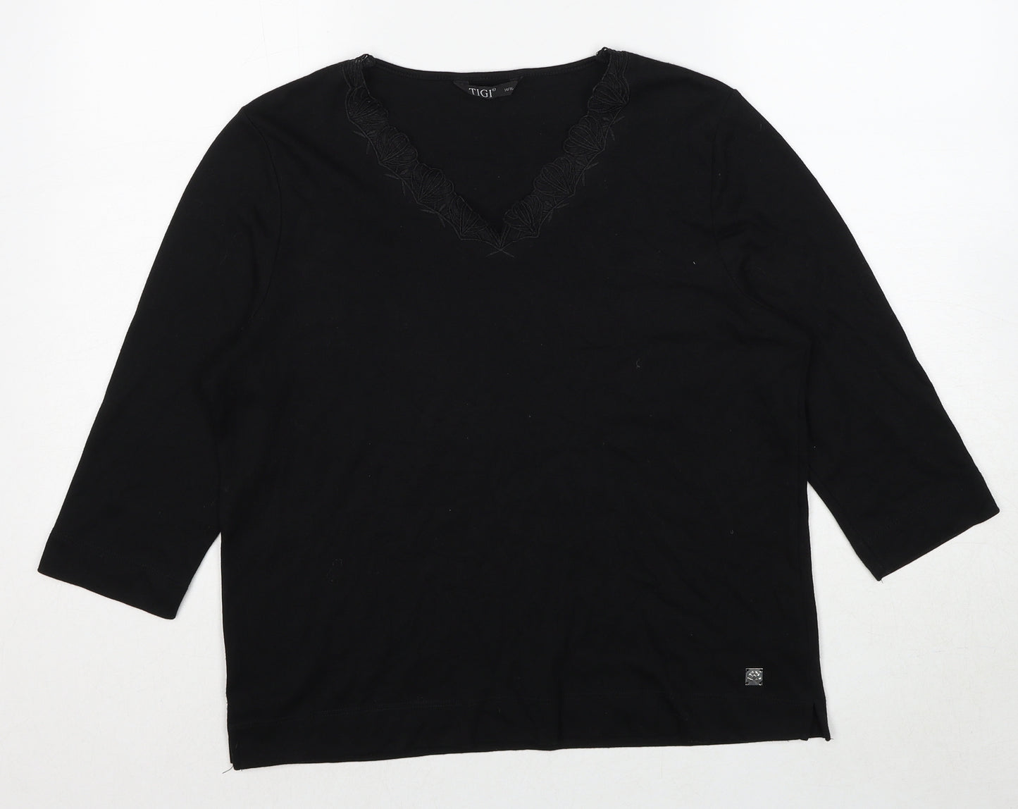 TIGI Womens Black Polyester Basic T-Shirt Size 14 Round Neck