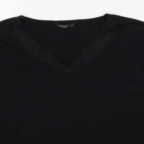 TIGI Womens Black Polyester Basic T-Shirt Size 14 Round Neck