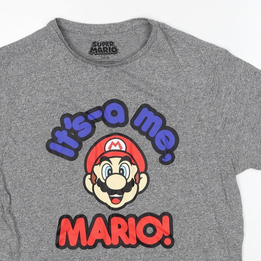 Super Mario Mens Grey Polyester T-Shirt Size M Crew Neck