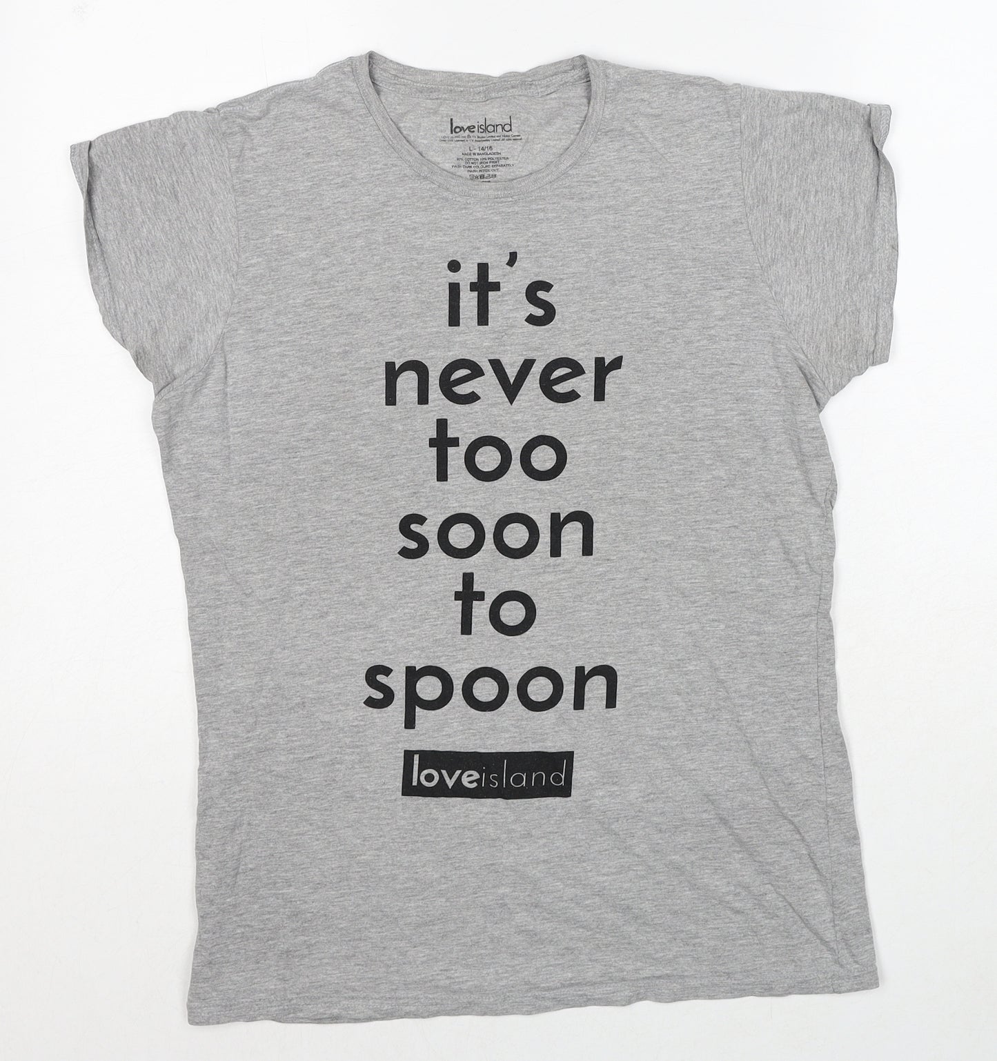 Love Island Womens Grey Cotton Basic T-Shirt Size 14 Crew Neck - Slogan