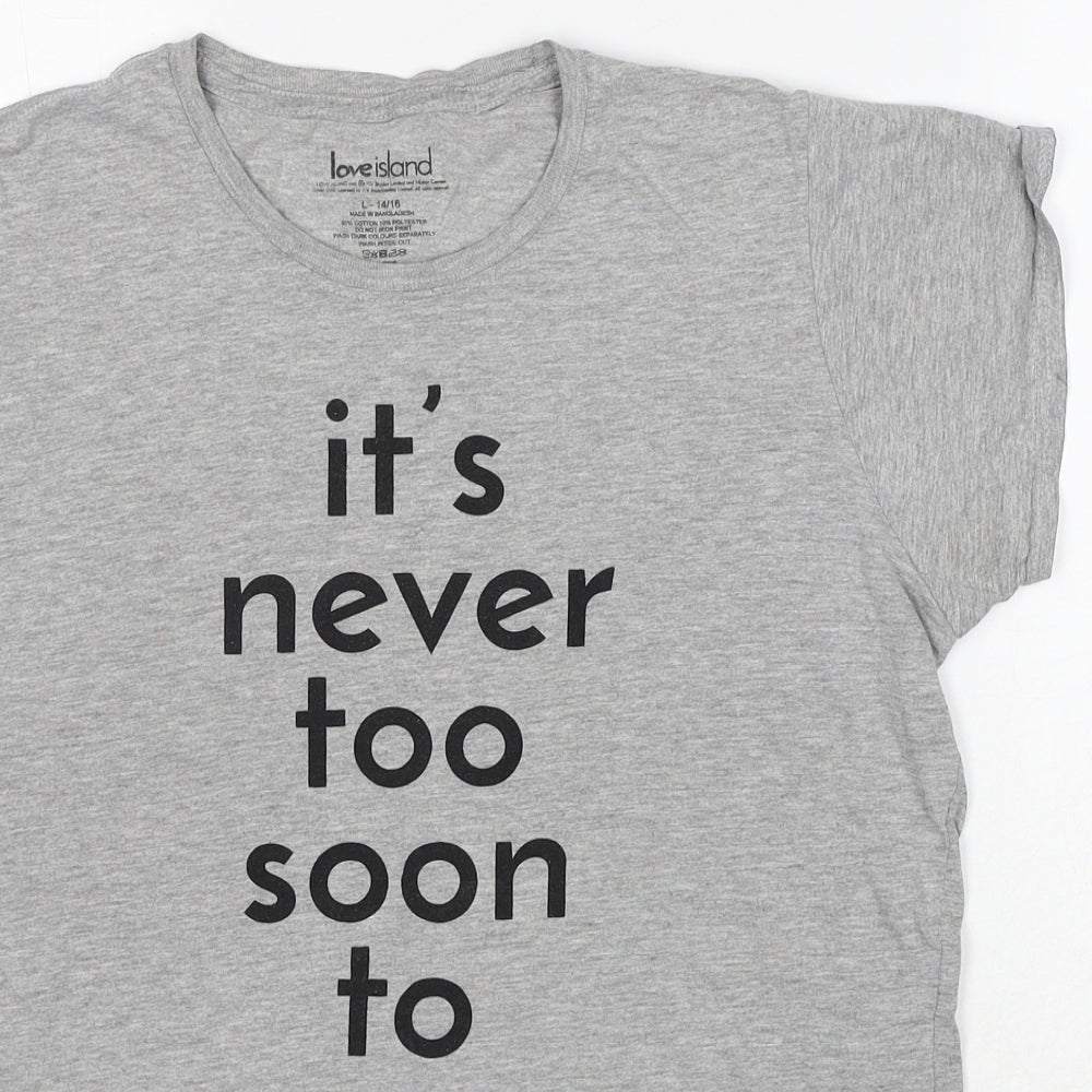 Love Island Womens Grey Cotton Basic T-Shirt Size 14 Crew Neck - Slogan