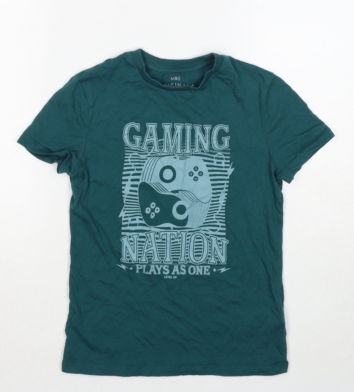 Marks and Spencer Boys Blue Cotton Pullover T-Shirt Size 8-9 Years Crew Neck Pullover - Gaming