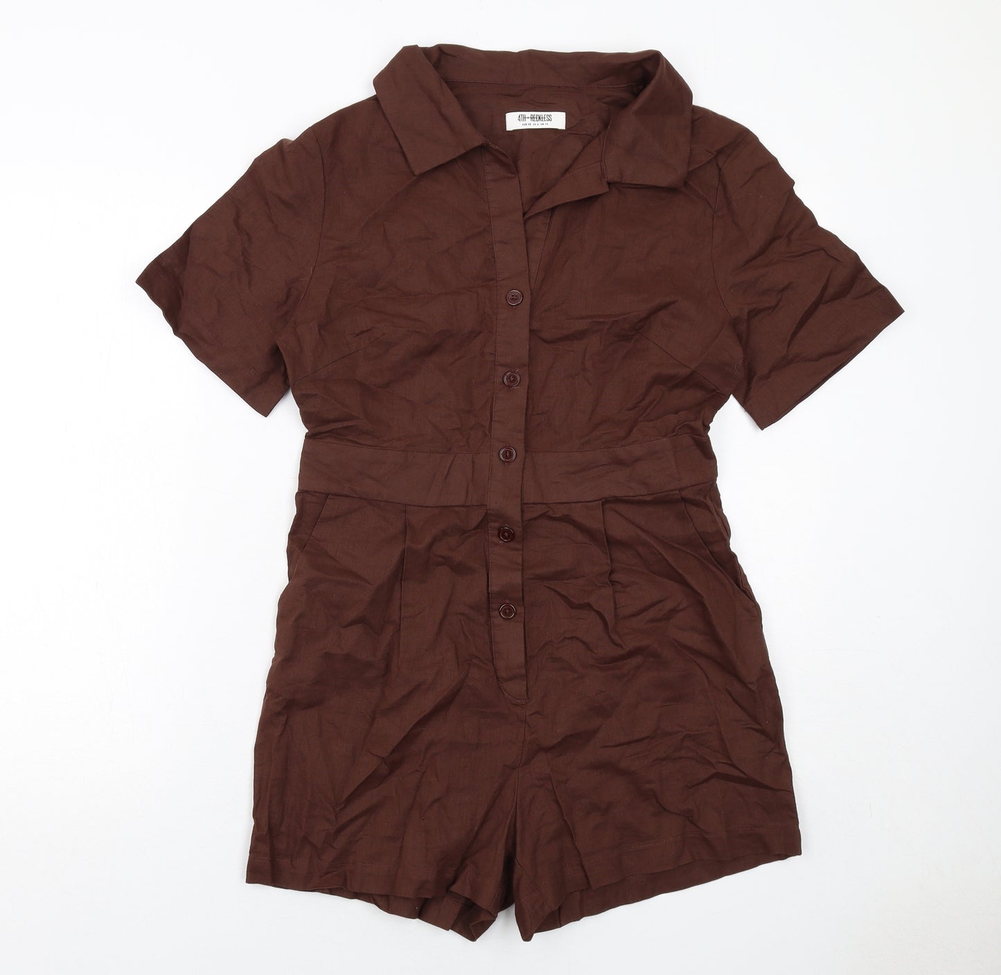 4th Reckless Womens Brown Linen Playsuit One-Piece Size 10 Button