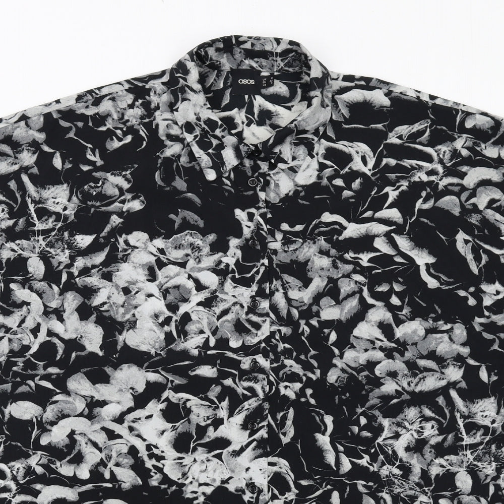 ASOS Womens Black Geometric Polyester Basic Button-Up Size 12 Collared