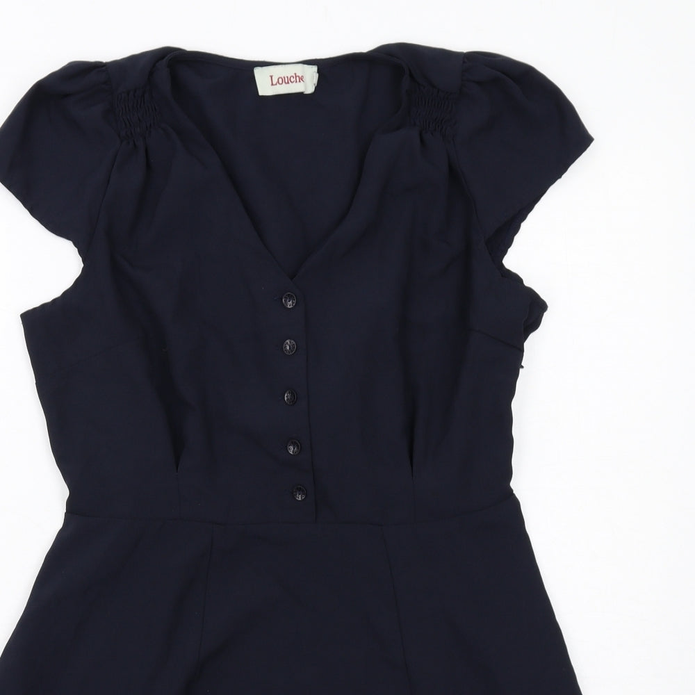 Louche Womens Blue Polyester Skater Dress Size XL V-Neck Zip