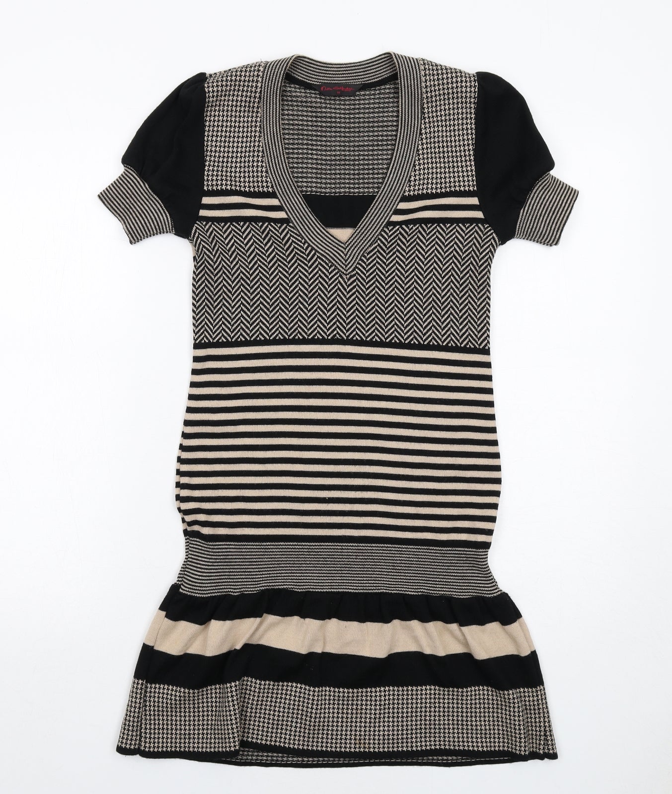 Miss Selfridge Womens Beige Geometric Acrylic Jumper Dress Size 10 V-Neck Pullover