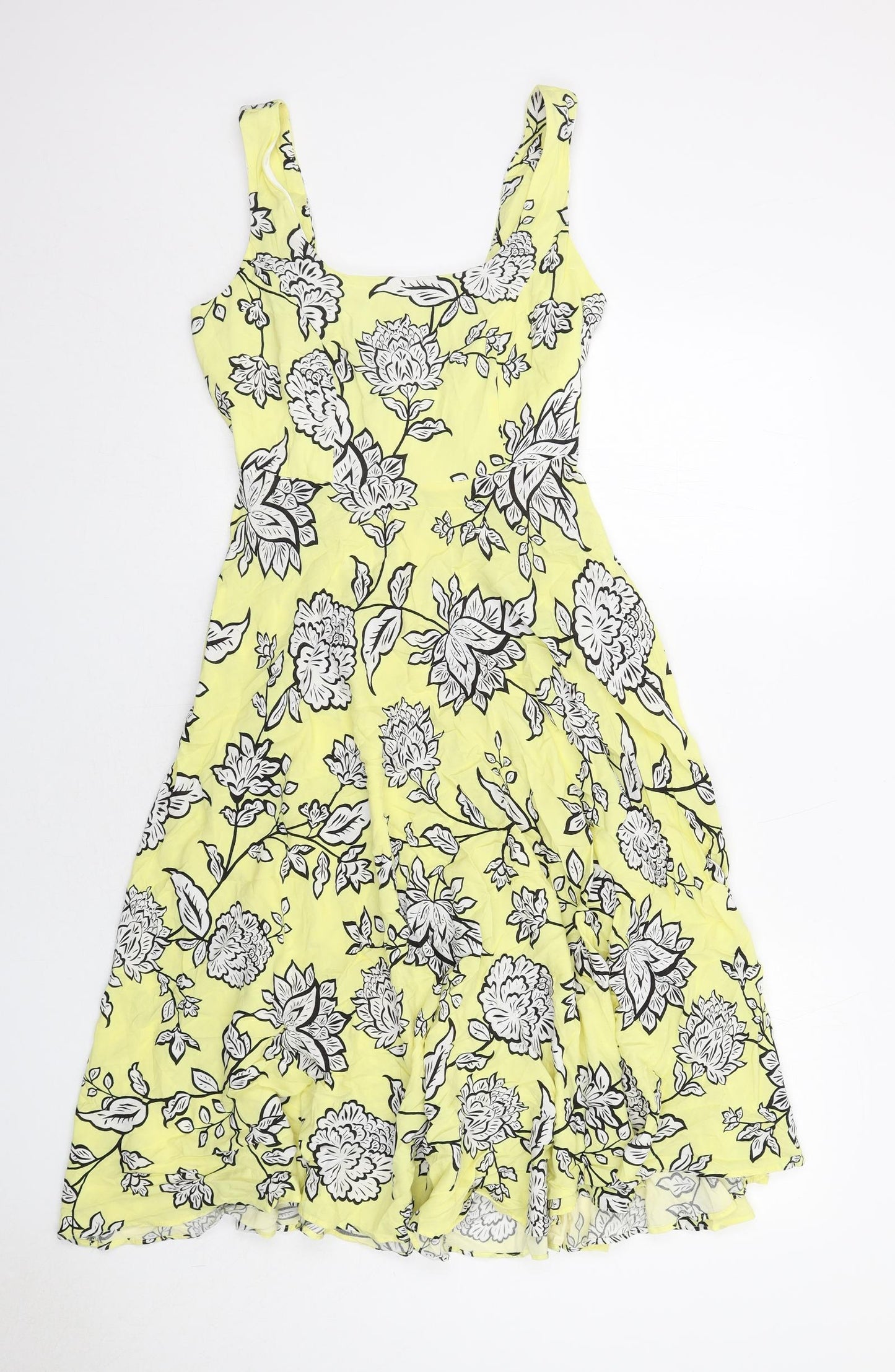 M&Co Womens Yellow Floral Viscose Trapeze & Swing Size 10 Square Neck Zip