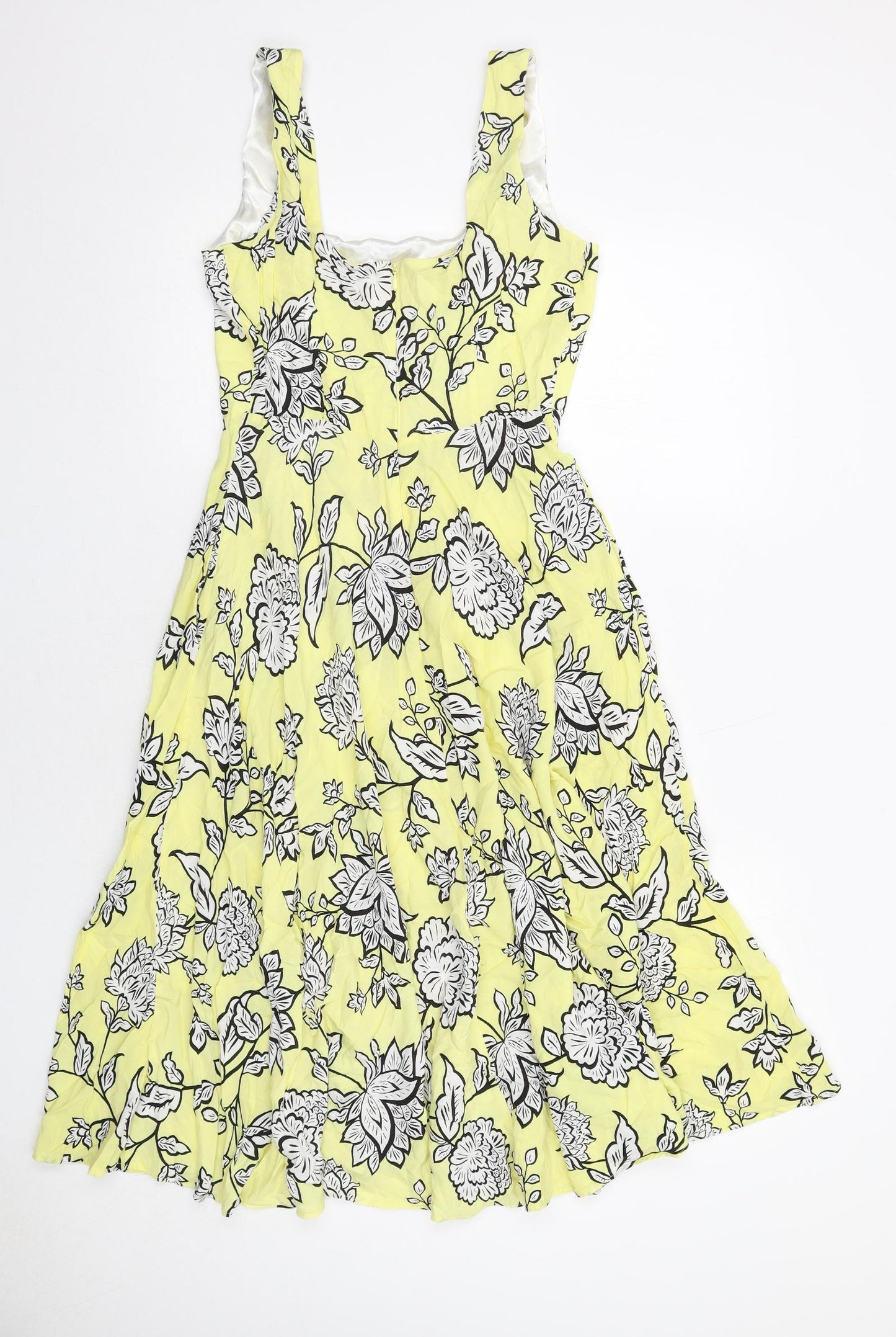 M&Co Womens Yellow Floral Viscose Trapeze & Swing Size 10 Square Neck Zip