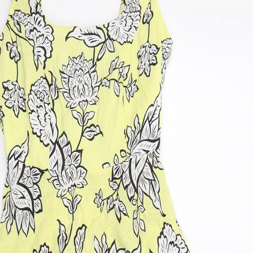 M&Co Womens Yellow Floral Viscose Trapeze & Swing Size 10 Square Neck Zip