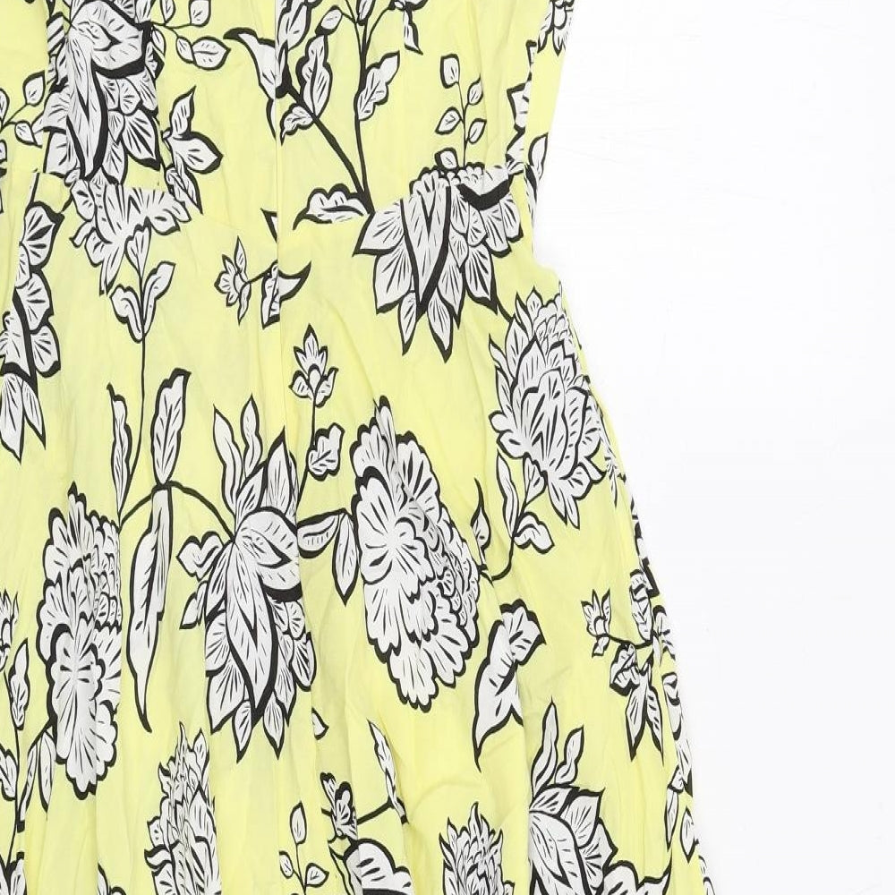 M&Co Womens Yellow Floral Viscose Trapeze & Swing Size 10 Square Neck Zip