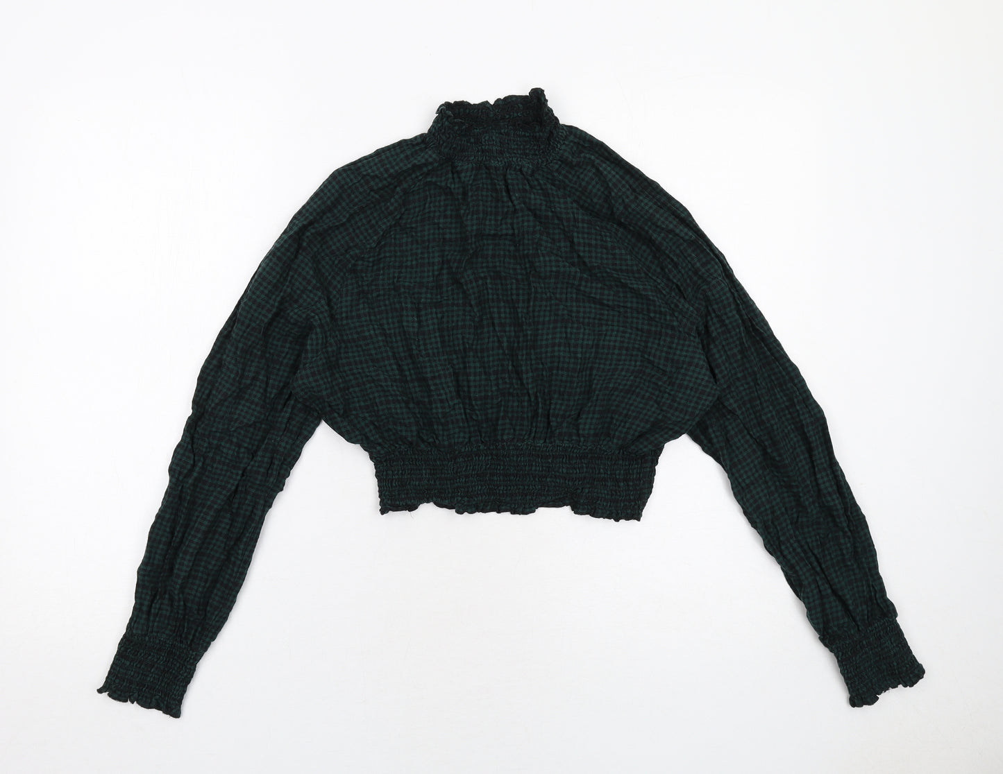 Monki Womens Green Geometric Cotton Basic Blouse Size S Mock Neck