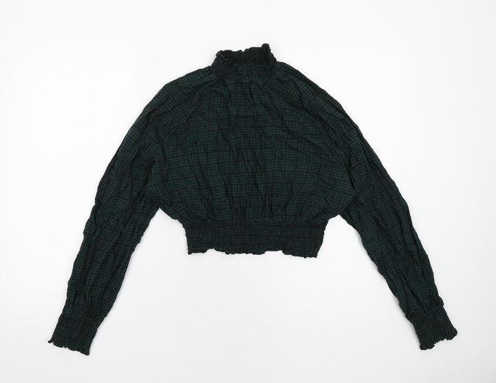 Monki Womens Green Geometric Cotton Basic Blouse Size S Mock Neck