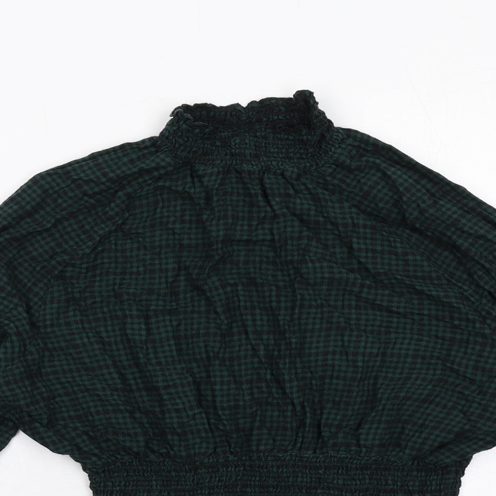 Monki Womens Green Geometric Cotton Basic Blouse Size S Mock Neck