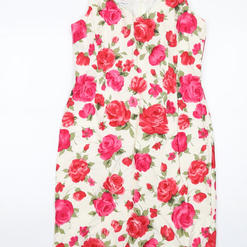 L.K. Bennett Womens White Floral Linen A-Line Size 12 V-Neck Zip