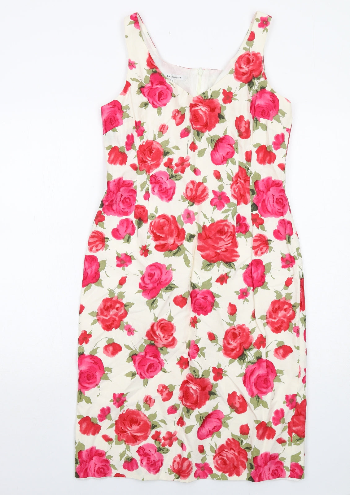 L.K. Bennett Womens White Floral Linen A-Line Size 12 V-Neck Zip