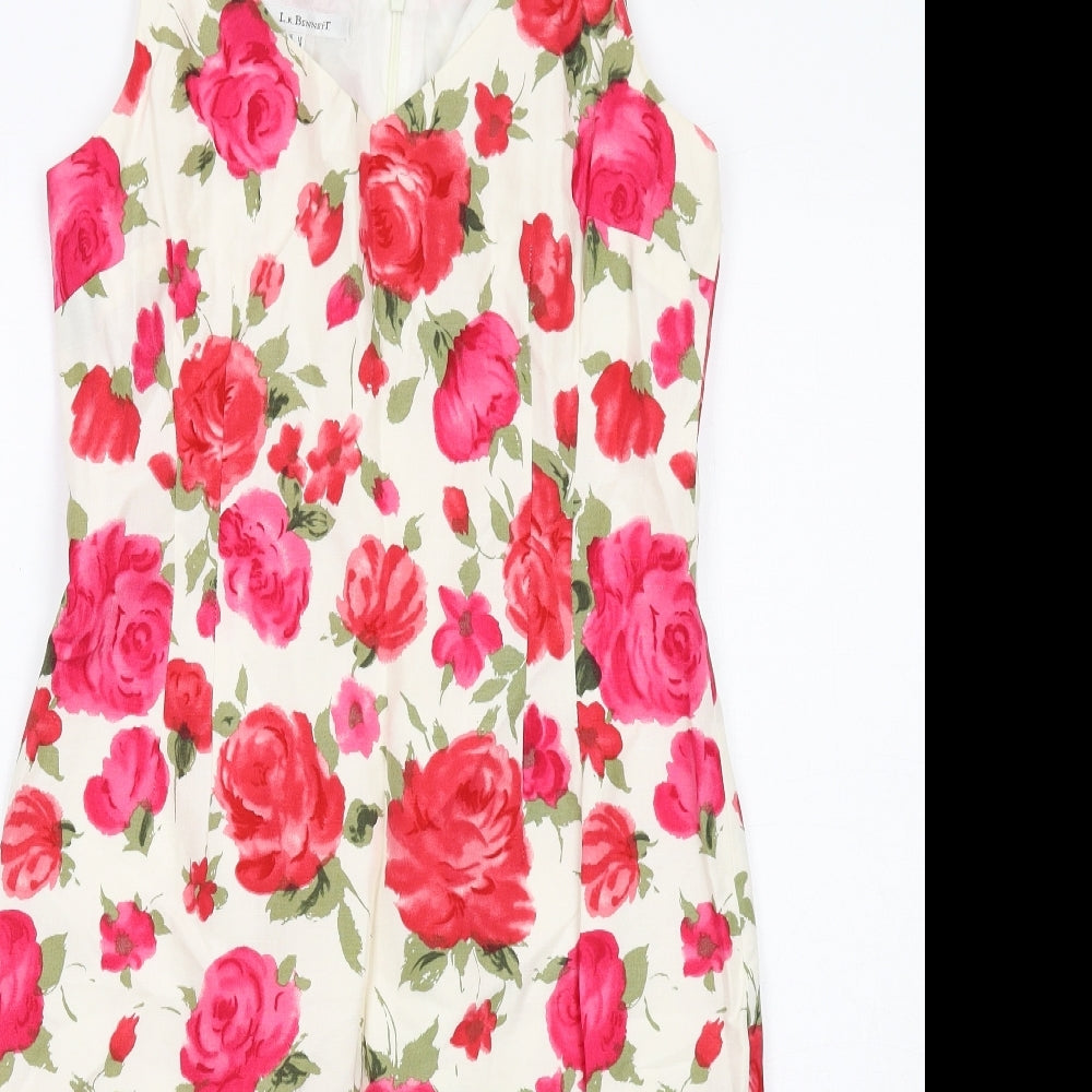 L.K. Bennett Womens White Floral Linen A-Line Size 12 V-Neck Zip