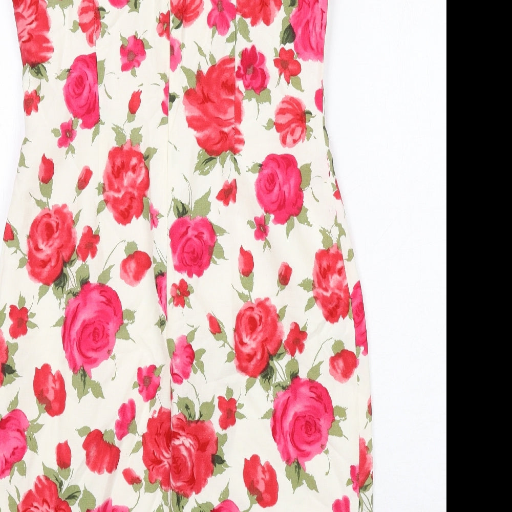 L.K. Bennett Womens White Floral Linen A-Line Size 12 V-Neck Zip
