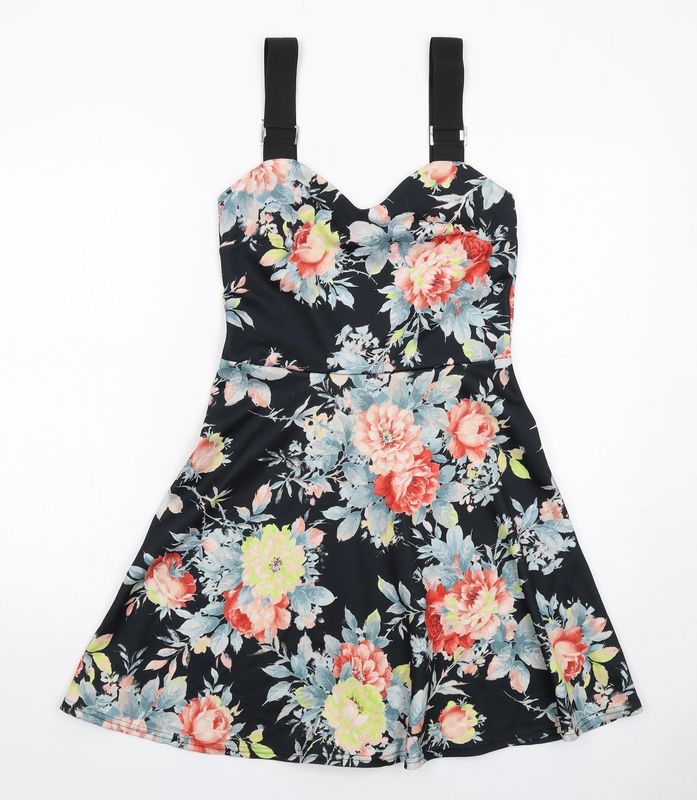New Look Womens Black Floral Polyester Fit & Flare Size 10 Sweetheart Pullover