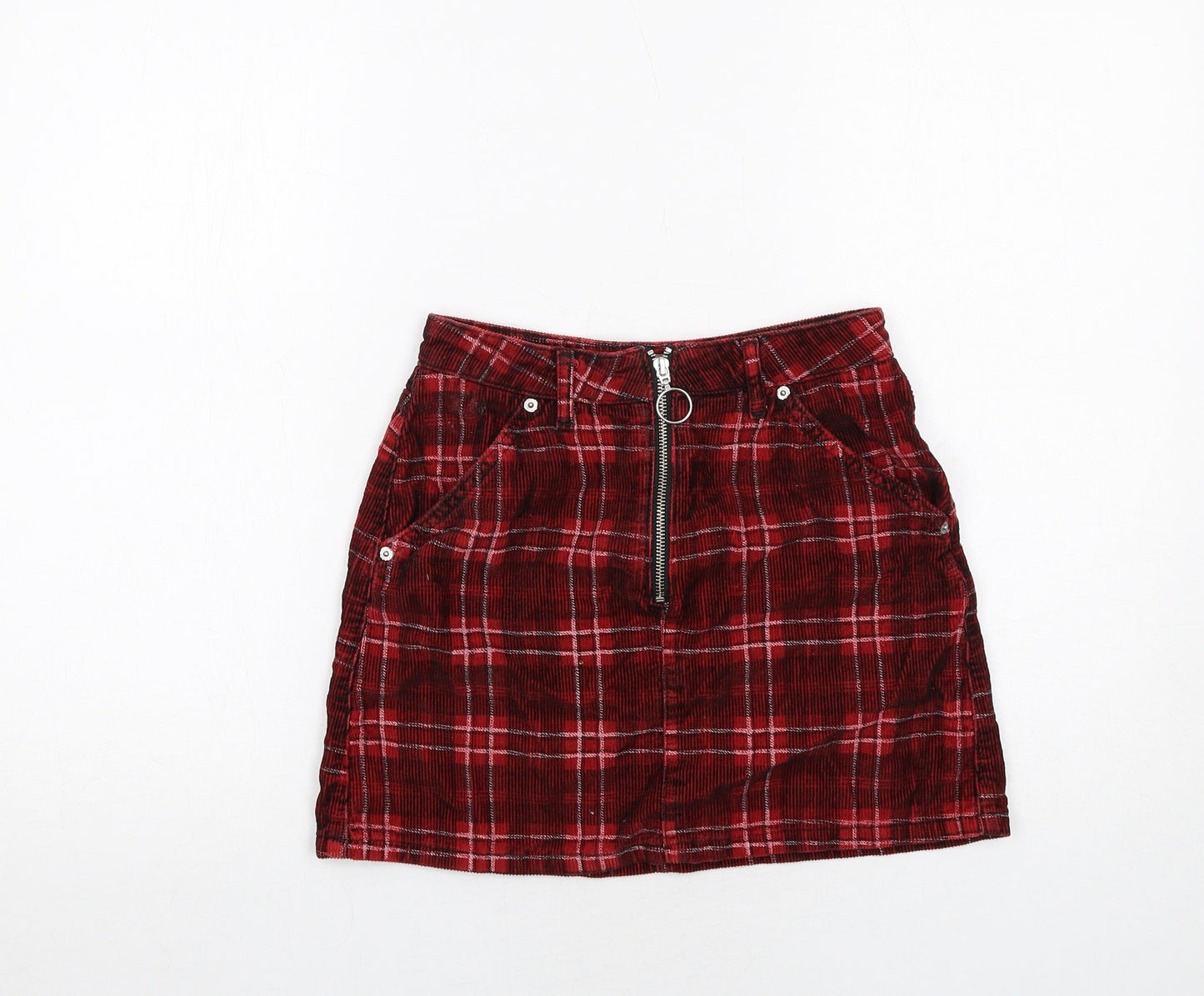 Topshop Womens Red Plaid Cotton Mini Skirt Size 8 Zip