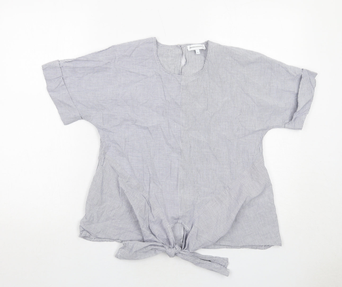 Warehouse Womens Blue Striped Cotton Basic Blouse Size 8 Round Neck - Tie Front