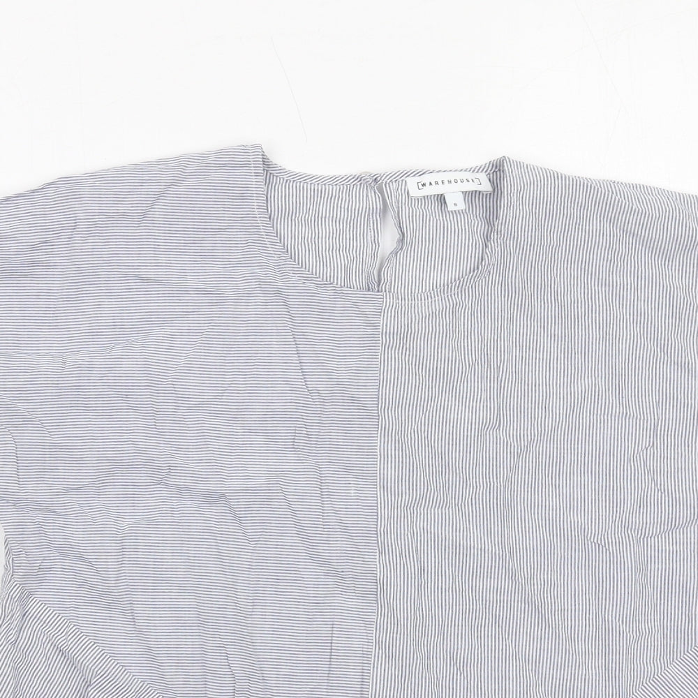 Warehouse Womens Blue Striped Cotton Basic Blouse Size 8 Round Neck - Tie Front