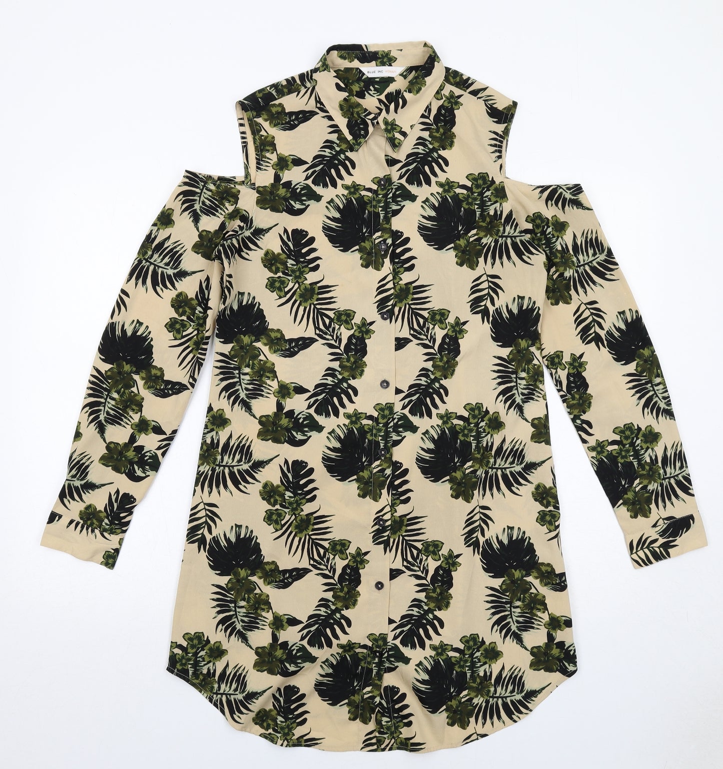 Blue Inc Womens Beige Floral Polyester Shirt Dress Size 10 Collared Button - cold