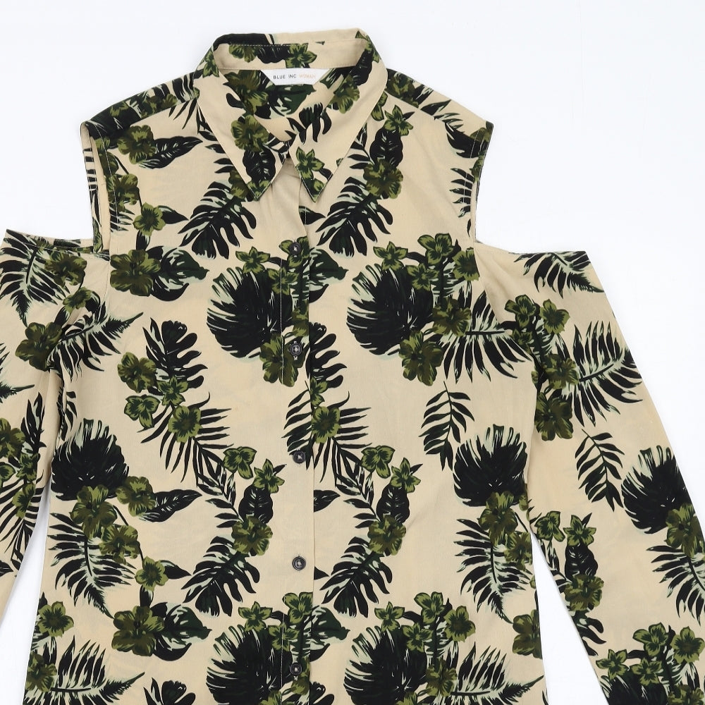 Blue Inc Womens Beige Floral Polyester Shirt Dress Size 10 Collared Button - cold