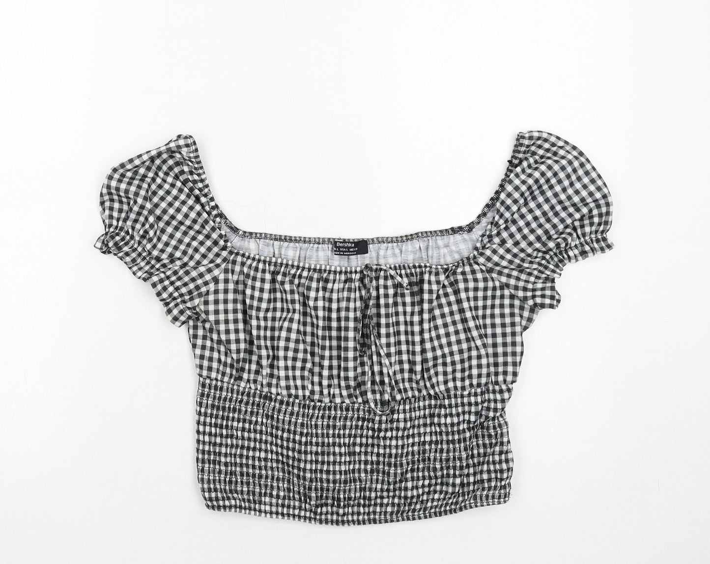 Bershka Womens Black Check Polyester Cropped Blouse Size L Square Neck - Shirred