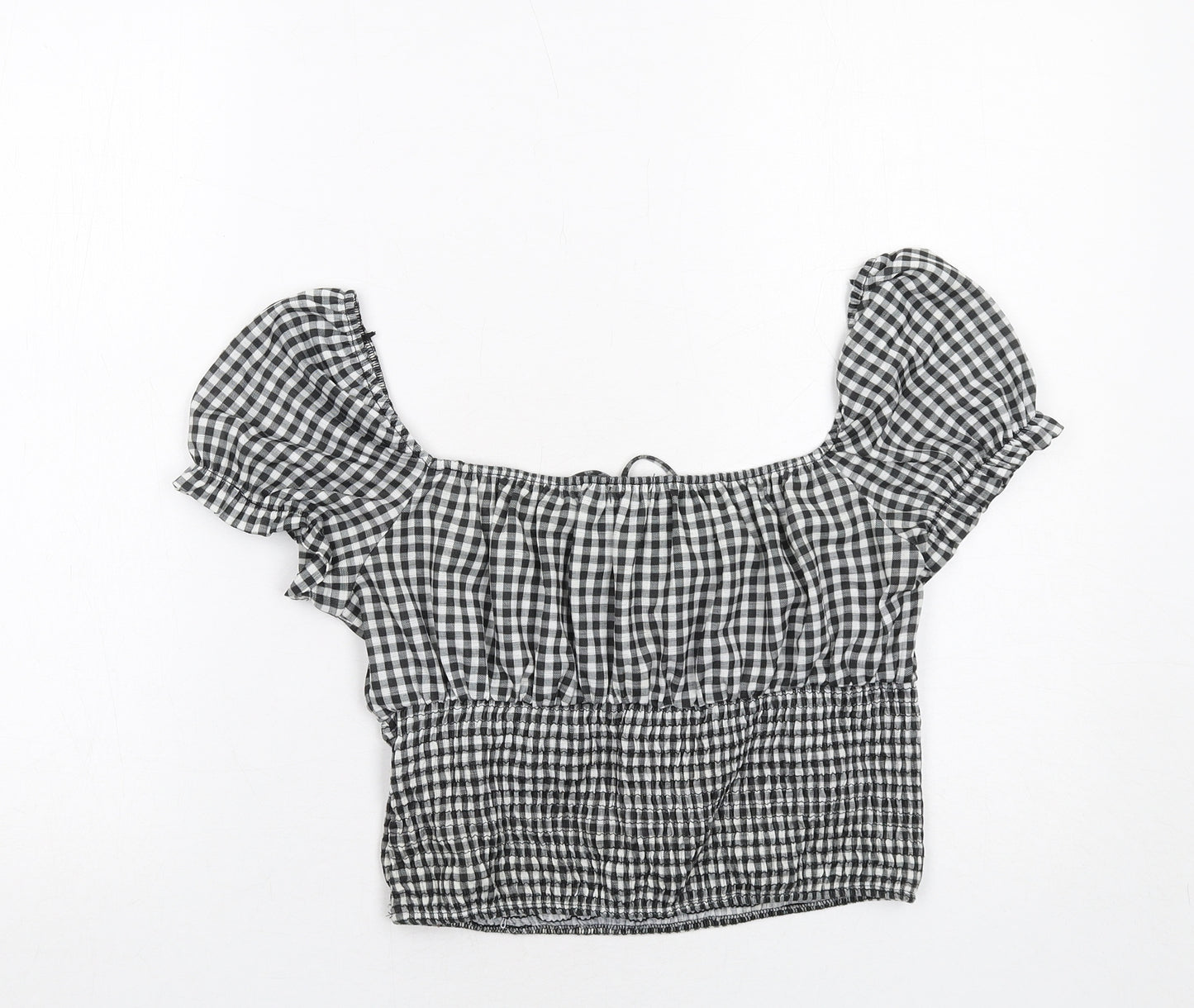 Bershka Womens Black Check Polyester Cropped Blouse Size L Square Neck - Shirred