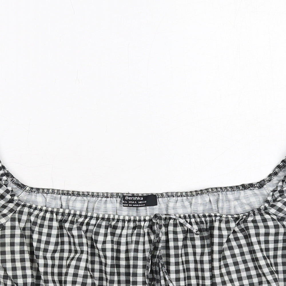 Bershka Womens Black Check Polyester Cropped Blouse Size L Square Neck - Shirred