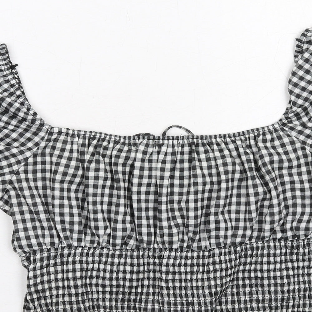Bershka Womens Black Check Polyester Cropped Blouse Size L Square Neck - Shirred