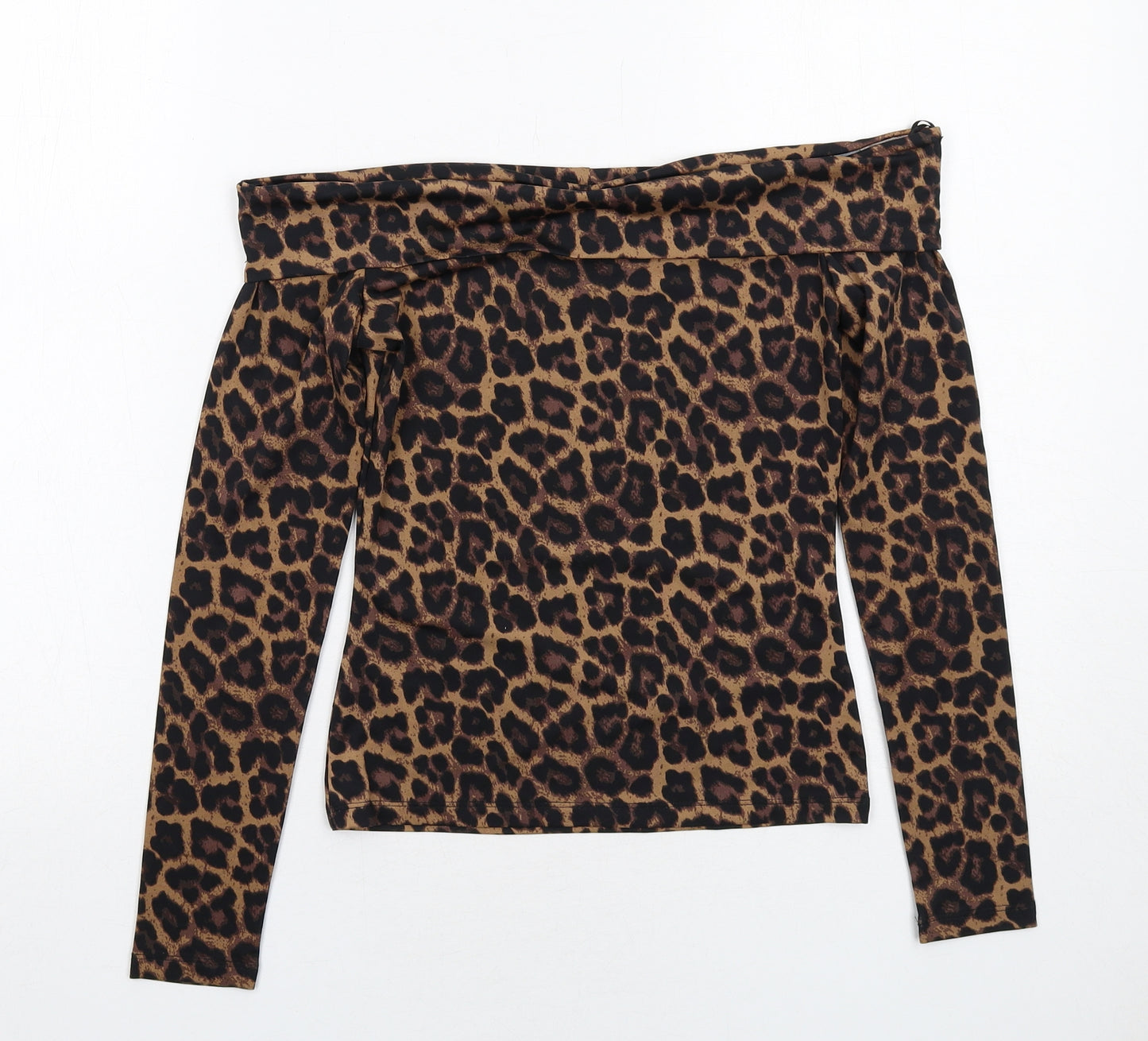 H&M Womens Brown Animal Print Polyester Basic Blouse Size XS Off the Shoulder - Leopard Print