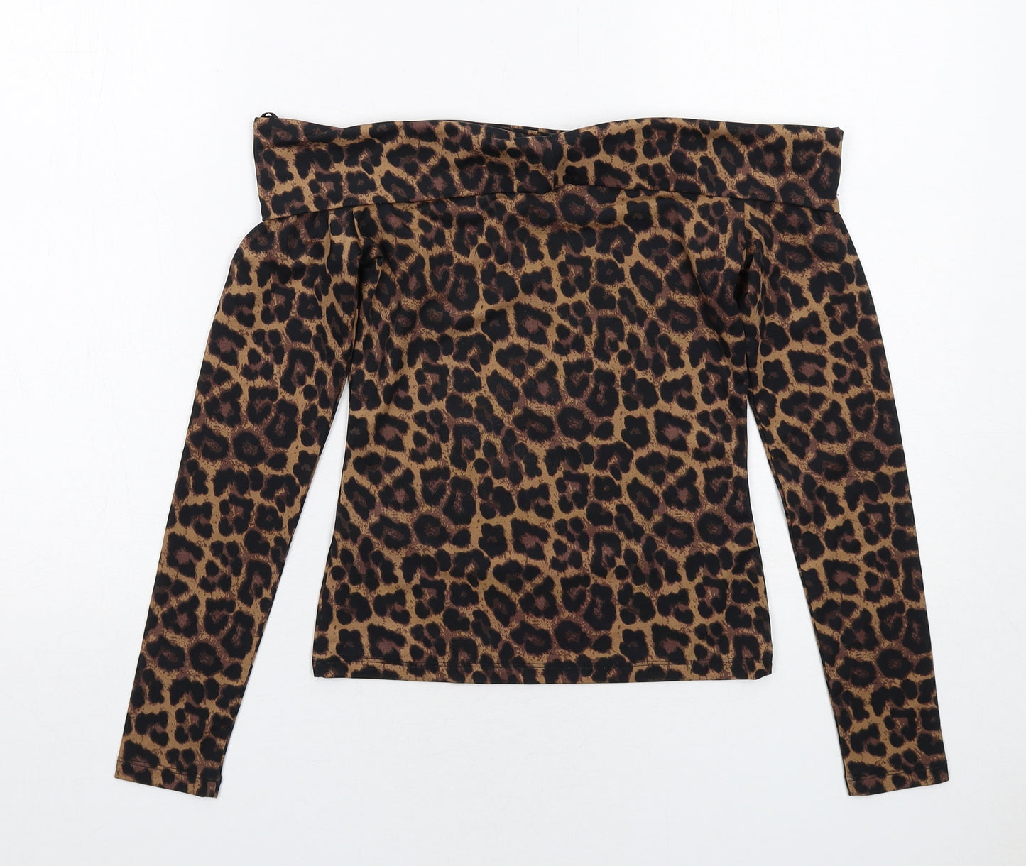H&M Womens Brown Animal Print Polyester Basic Blouse Size XS Off the Shoulder - Leopard Print