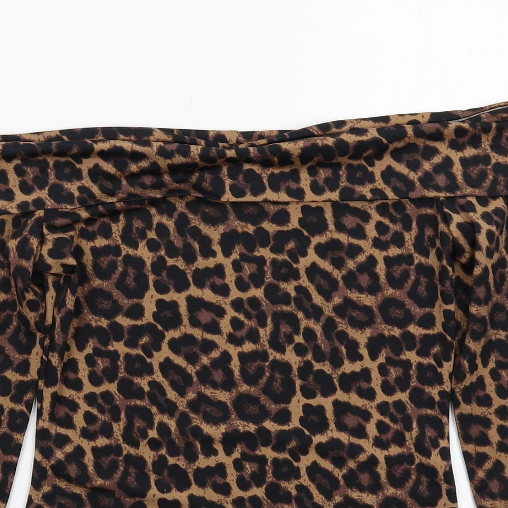 H&M Womens Brown Animal Print Polyester Basic Blouse Size XS Off the Shoulder - Leopard Print