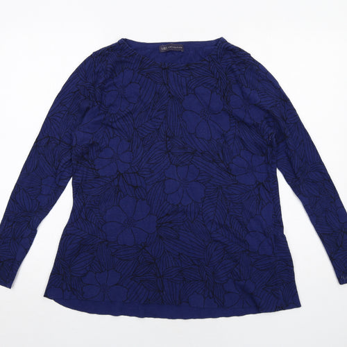Marks and Spencer Womens Blue Boat Neck Floral Cotton Pullover Jumper Size 14