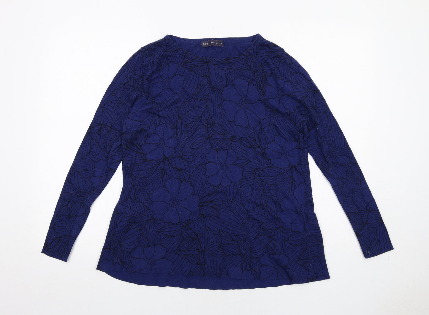 Marks and Spencer Womens Blue Boat Neck Floral Cotton Pullover Jumper Size 14